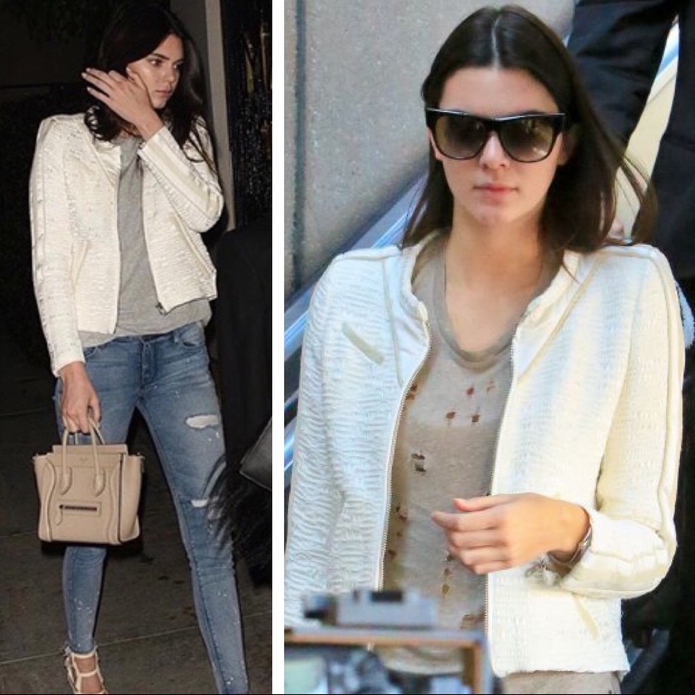 IRO • Kendall Jenner • Felicy Ivory Jacquard Silk Lamb Leather Trim Moto Jacket